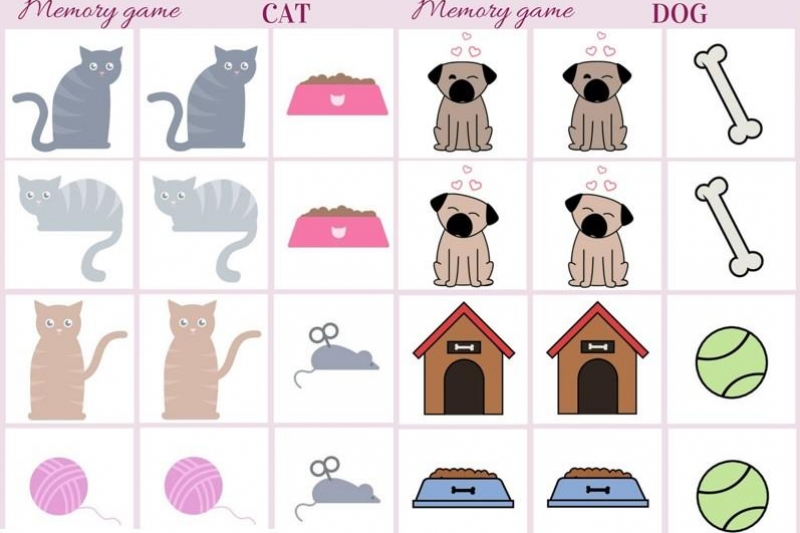 Cat and dog - Memory game free printables
