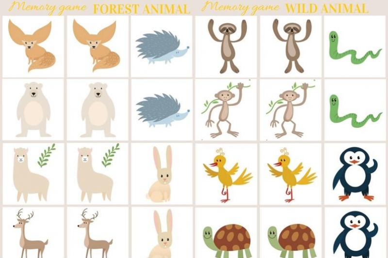 Wild forest animals - Memory game free printables